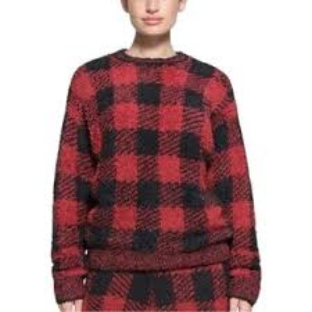 B4- NWT SKIMS COZY CREWNECK UNISEX KNIT BUFFALO CHECK SWEATER- - Picture 2 of 5
